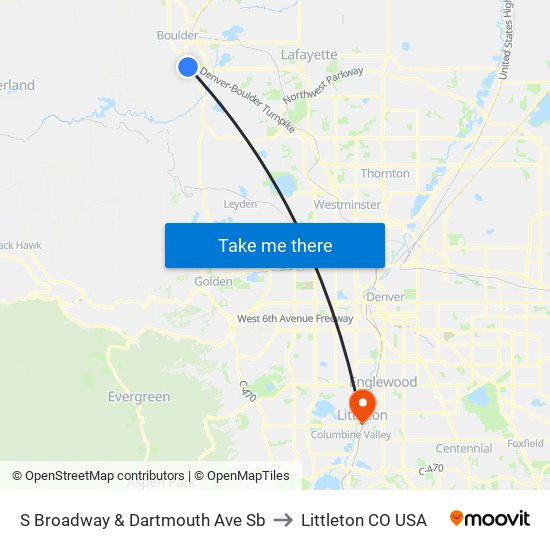 S Broadway & Dartmouth Ave Sb to Littleton CO USA map