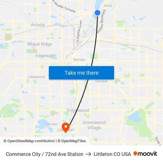 Commerce City / 72nd Ave Station to Littleton CO USA map