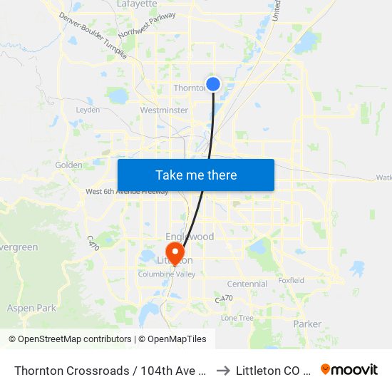 Thornton Crossroads / 104th Ave Station to Littleton CO USA map