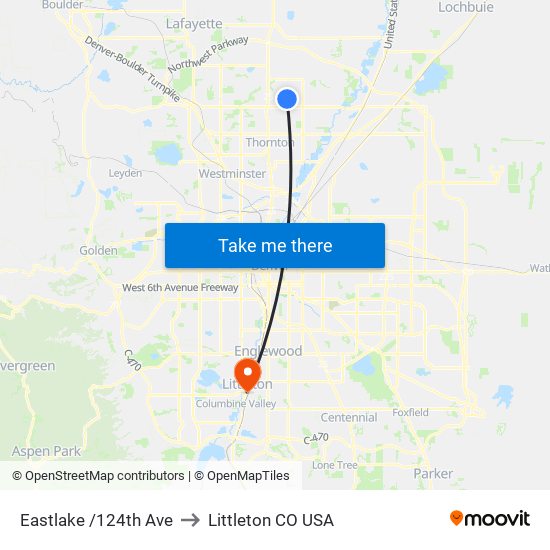 Eastlake /124th Ave to Littleton CO USA map