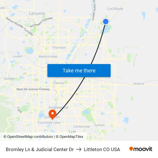 Bromley Ln & Judicial Center Dr to Littleton CO USA map