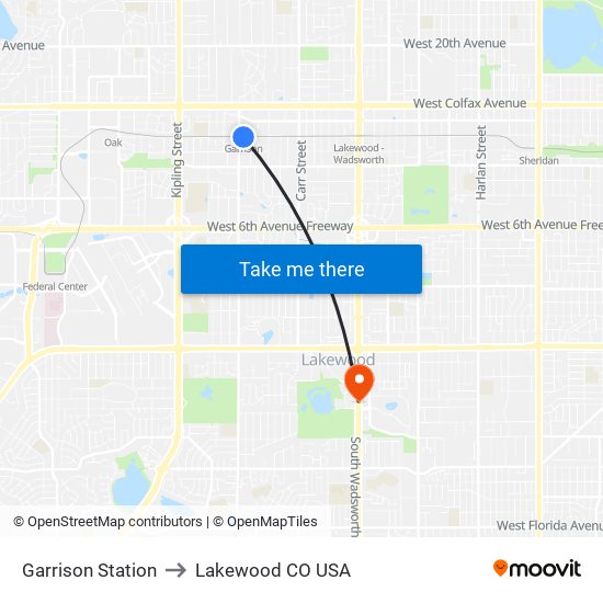 Garrison Station to Lakewood CO USA map