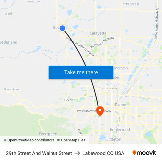 29th Street And Walnut Street to Lakewood CO USA map