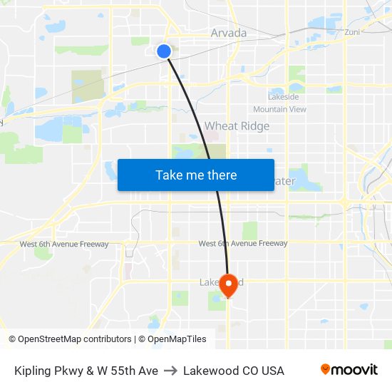 Kipling Pkwy & W 55th Ave to Lakewood CO USA map