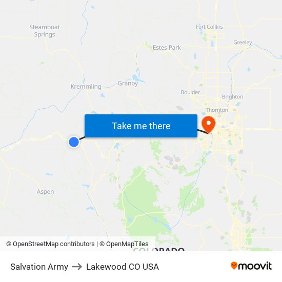 Salvation Army to Lakewood CO USA map