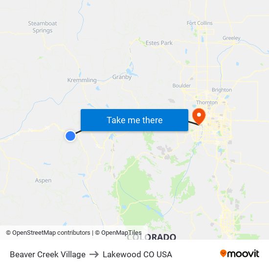Beaver Creek Village to Lakewood CO USA map