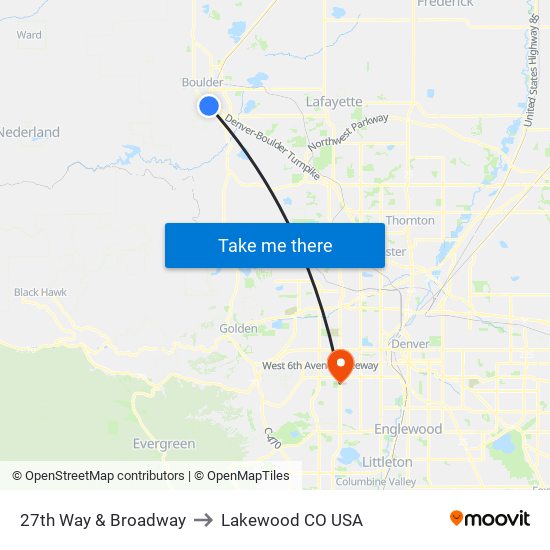 27th Way & Broadway to Lakewood CO USA map