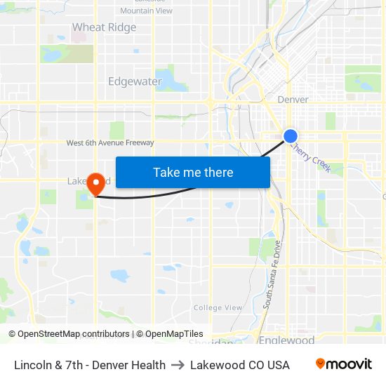 Lincoln & 7th - Denver Health to Lakewood CO USA map