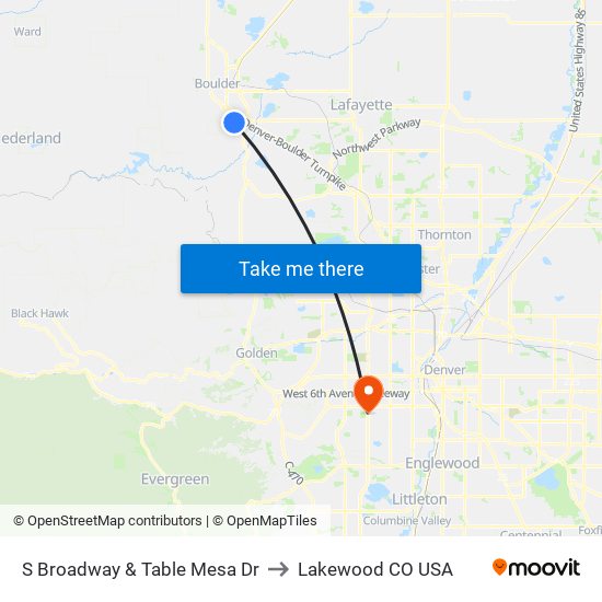 S Broadway & Table Mesa Dr to Lakewood CO USA map