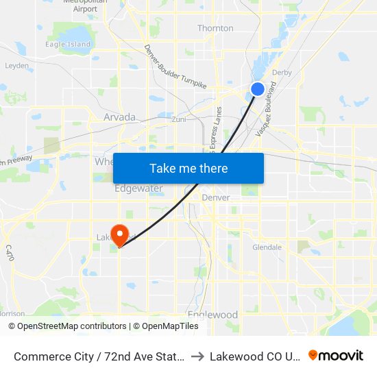 Commerce City / 72nd Ave Station to Lakewood CO USA map