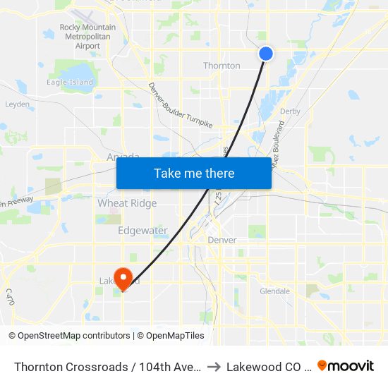 Thornton Crossroads / 104th Ave Station to Lakewood CO USA map