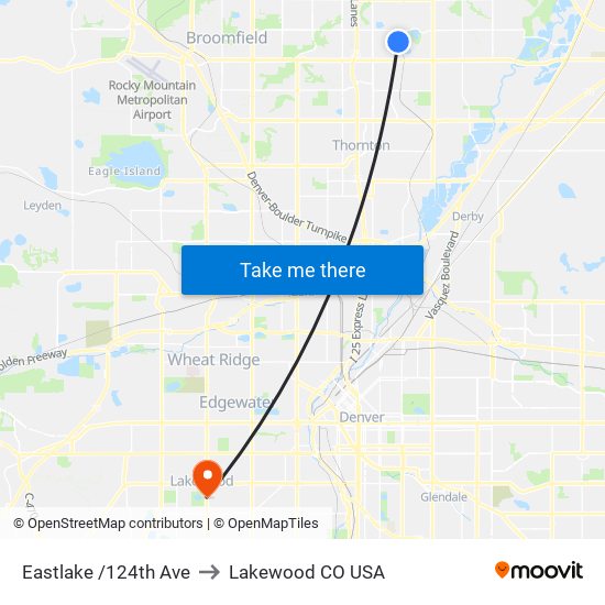 Eastlake /124th Ave to Lakewood CO USA map