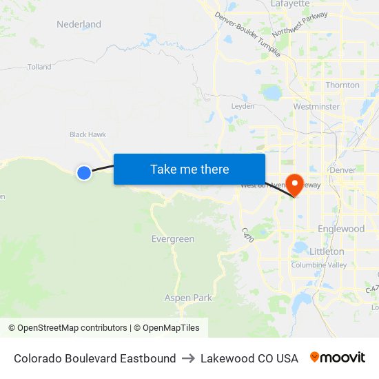 Colorado Boulevard Eastbound to Lakewood CO USA map