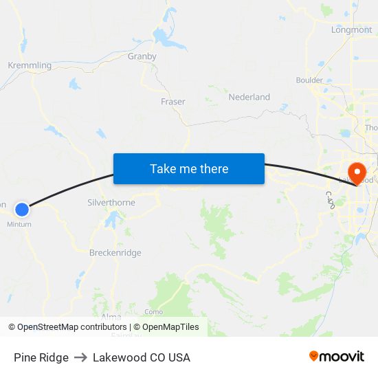 Pine Ridge to Lakewood CO USA map