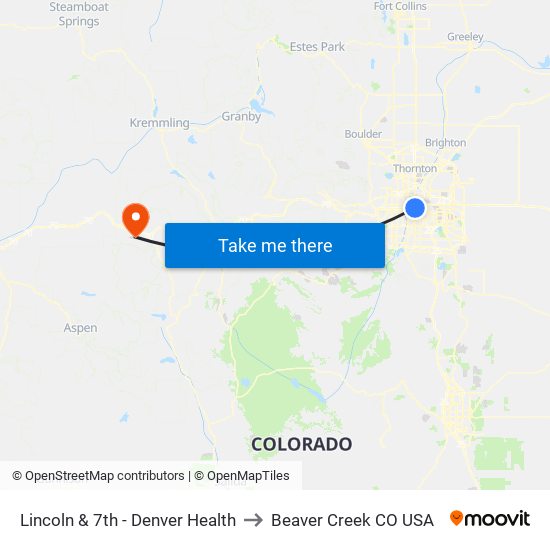 Lincoln & 7th - Denver Health to Beaver Creek CO USA map