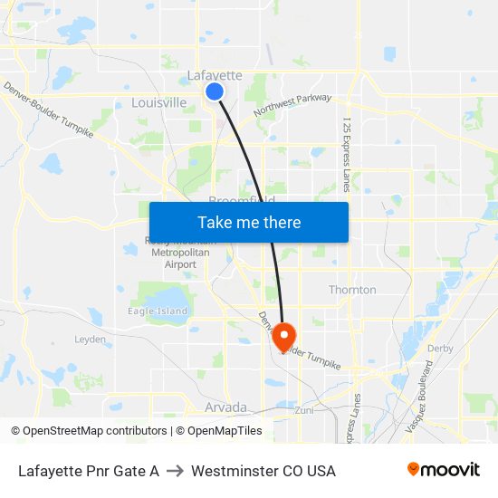Lafayette Pnr Gate A to Westminster CO USA map
