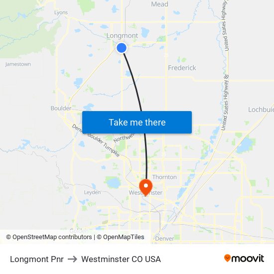 Longmont Pnr to Westminster CO USA map
