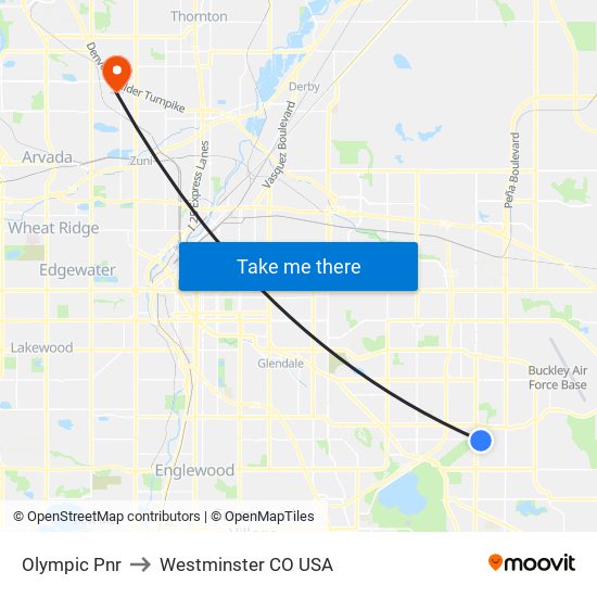Olympic Pnr to Westminster CO USA map