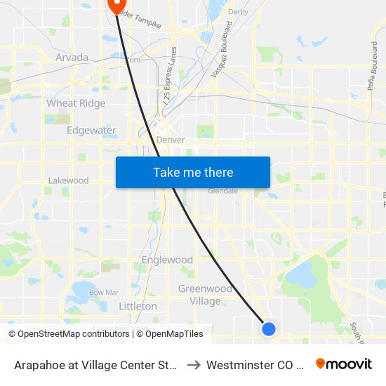 Arapahoe at Village Center Station to Westminster CO USA map
