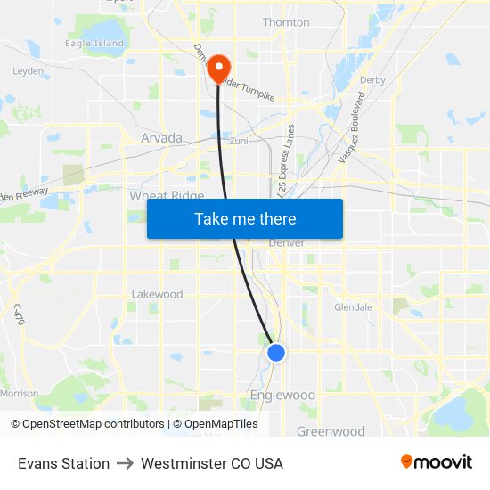 Evans Station to Westminster CO USA map