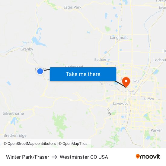 Winter Park/Fraser to Westminster CO USA map