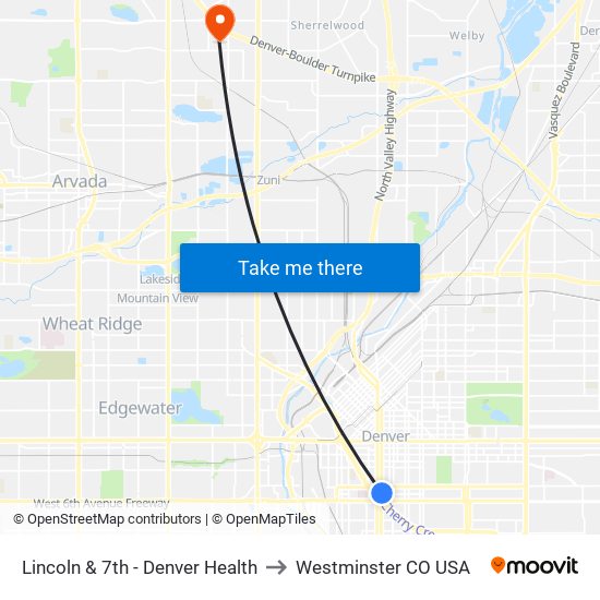 Lincoln & 7th - Denver Health to Westminster CO USA map