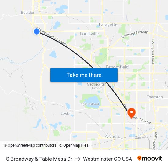 S Broadway & Table Mesa Dr to Westminster CO USA map