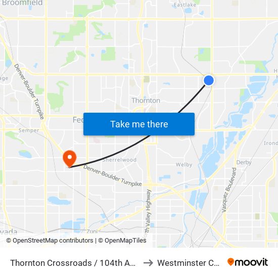 Thornton Crossroads / 104th Ave Station to Westminster CO USA map