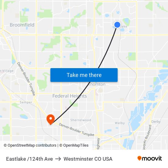 Eastlake /124th Ave to Westminster CO USA map