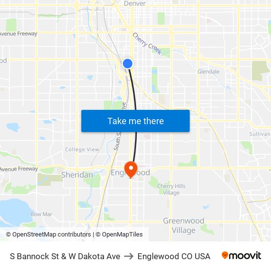 S Bannock St & W Dakota Ave to Englewood CO USA map