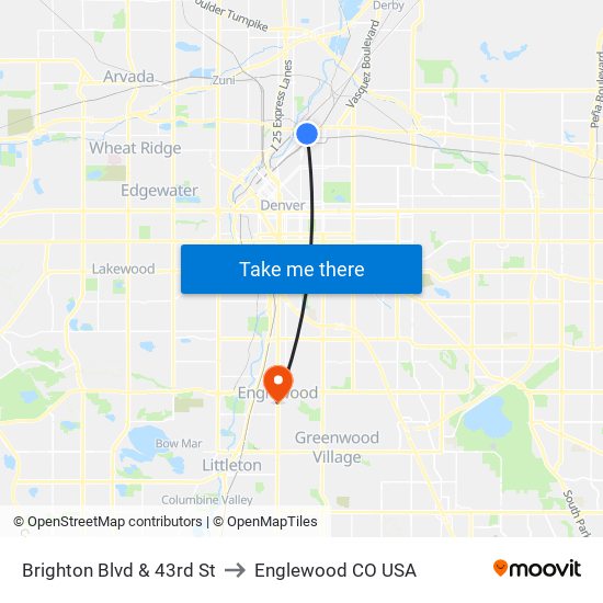 Brighton Blvd & 43rd St to Englewood CO USA map
