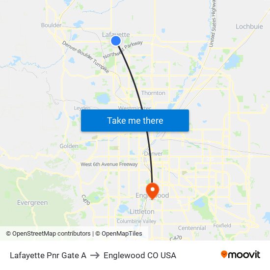 Lafayette Pnr Gate A to Englewood CO USA map