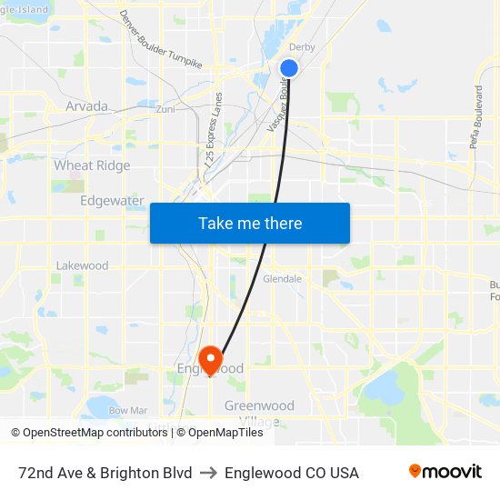 72nd Ave & Brighton Blvd to Englewood CO USA map