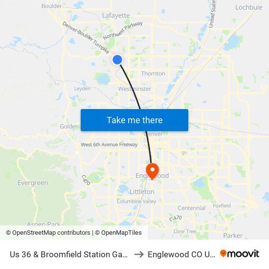 Us 36 & Broomfield Station Gate D to Englewood CO USA map