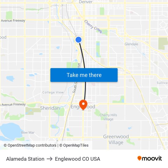 Alameda Station to Englewood CO USA map