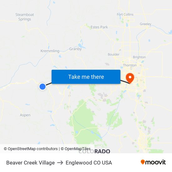 Beaver Creek Village to Englewood CO USA map