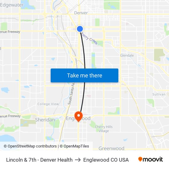 Lincoln & 7th - Denver Health to Englewood CO USA map