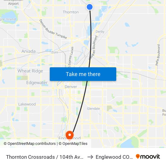 Thornton Crossroads / 104th Ave Station to Englewood CO USA map