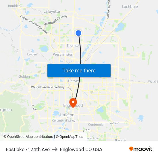 Eastlake /124th Ave to Englewood CO USA map