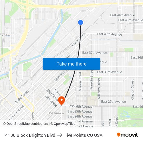 4100 Block Brighton Blvd to Five Points CO USA map