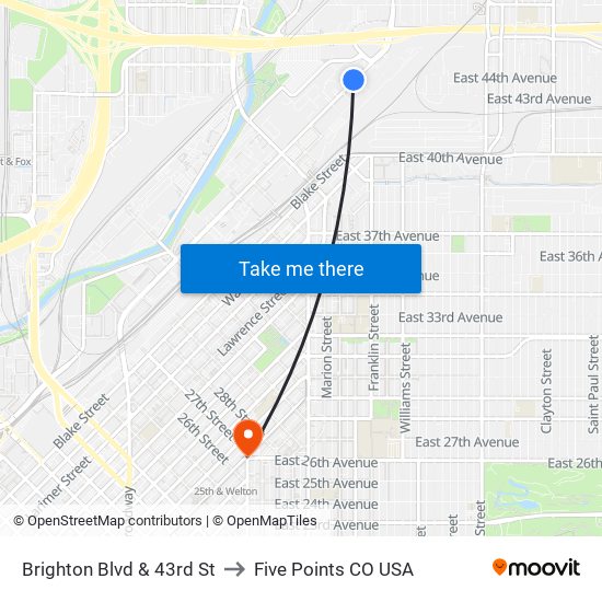 Brighton Blvd & 43rd St to Five Points CO USA map