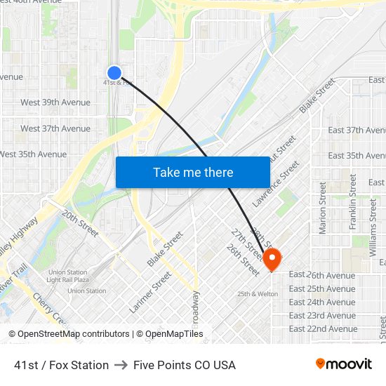 41st / Fox Station to Five Points CO USA map