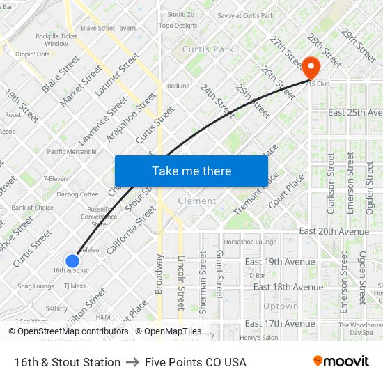 16th & Stout Station to Five Points CO USA map