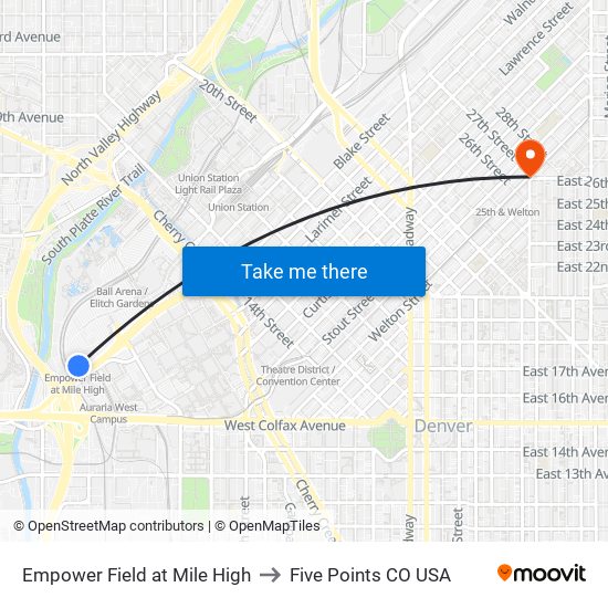 Empower Field at Mile High to Five Points CO USA map