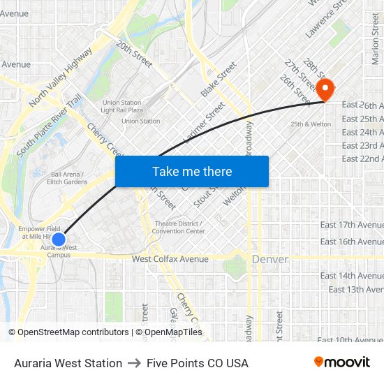 Auraria West Station to Five Points CO USA map