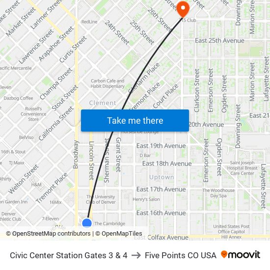 Civic Center Station Gates 3 & 4 to Five Points CO USA map