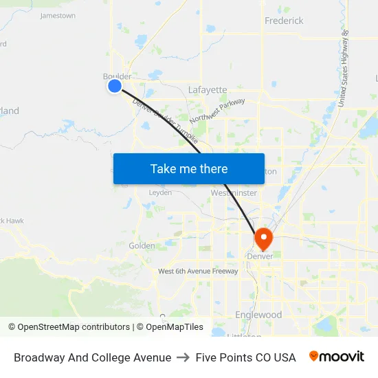 Broadway And College Avenue to Five Points CO USA map