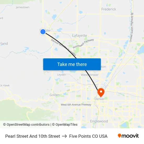 Pearl Street And 10th Street to Five Points CO USA map