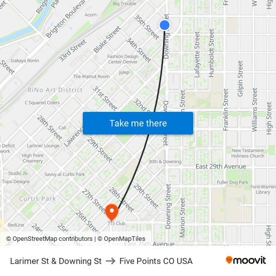 Larimer St & Downing St to Five Points CO USA map