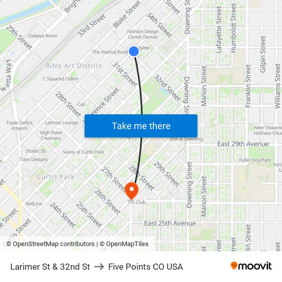 Larimer St & 32nd St to Five Points CO USA map